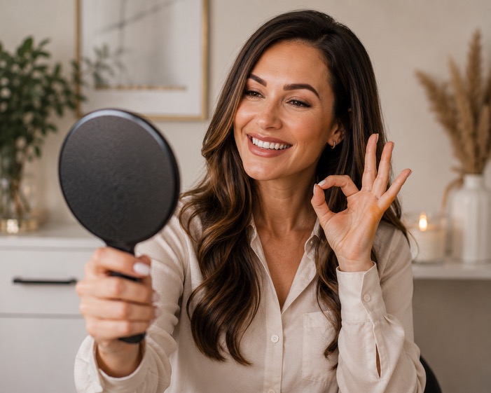 Caitlin holding a hand mirror in her San Diego studio